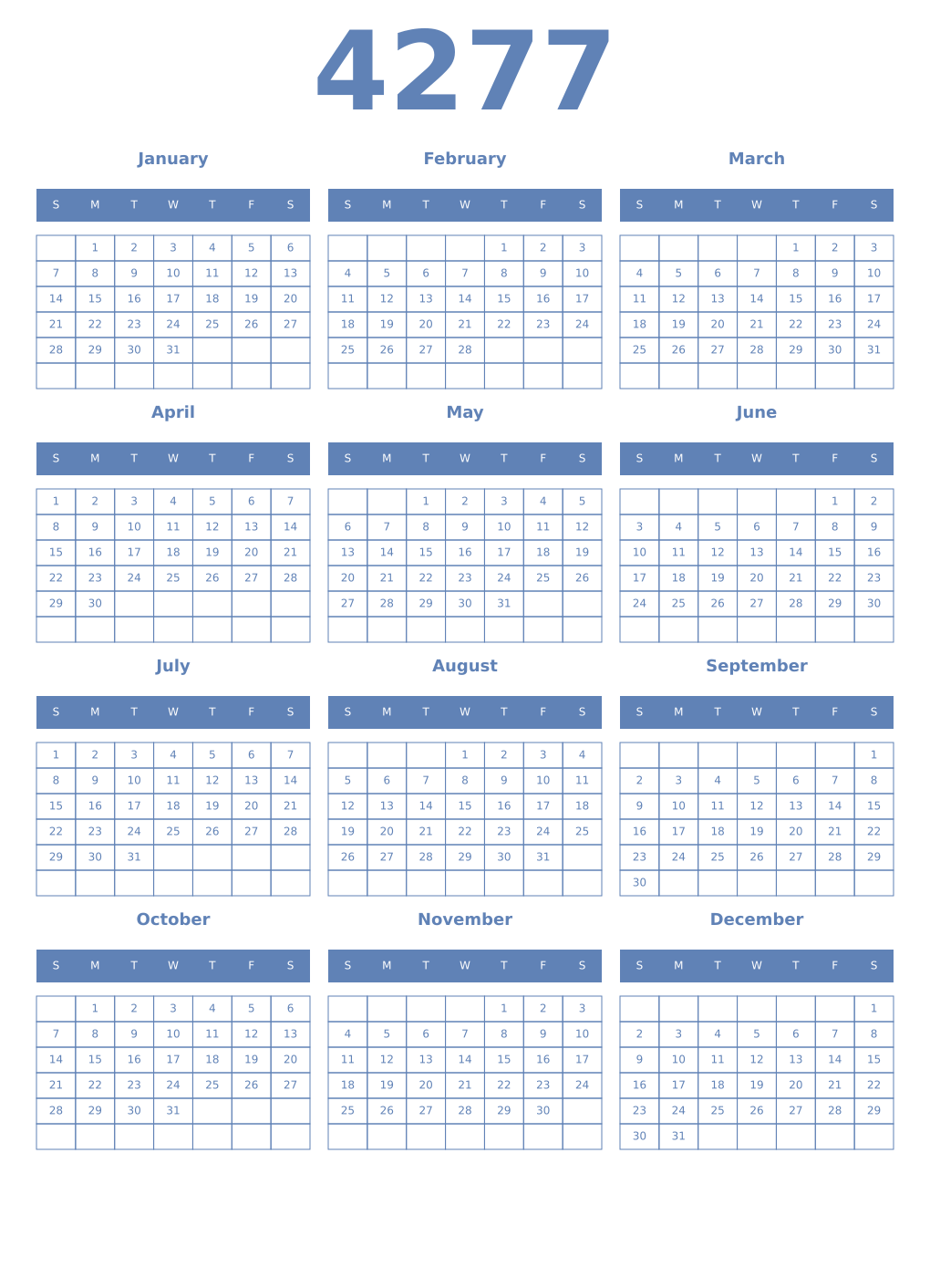 Printable 4277 Year Calendars glaucous