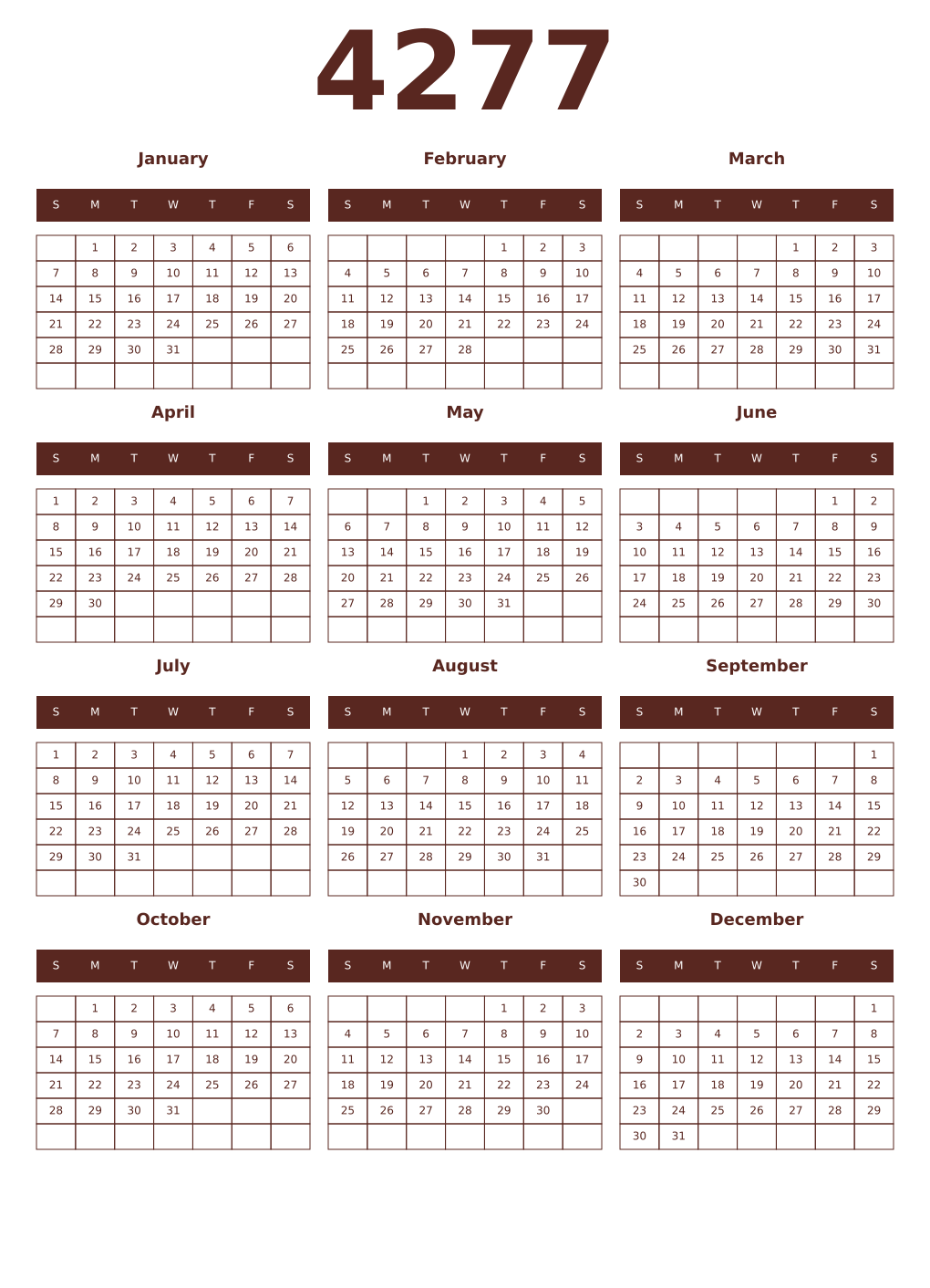 Printable 4277 Year Calendars mortuum