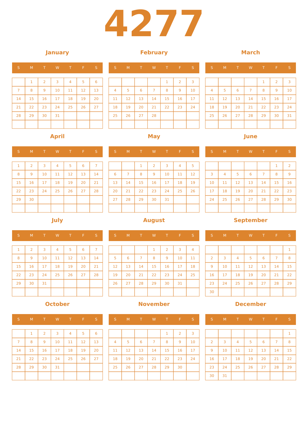 Printable 4277 Year Calendars orange