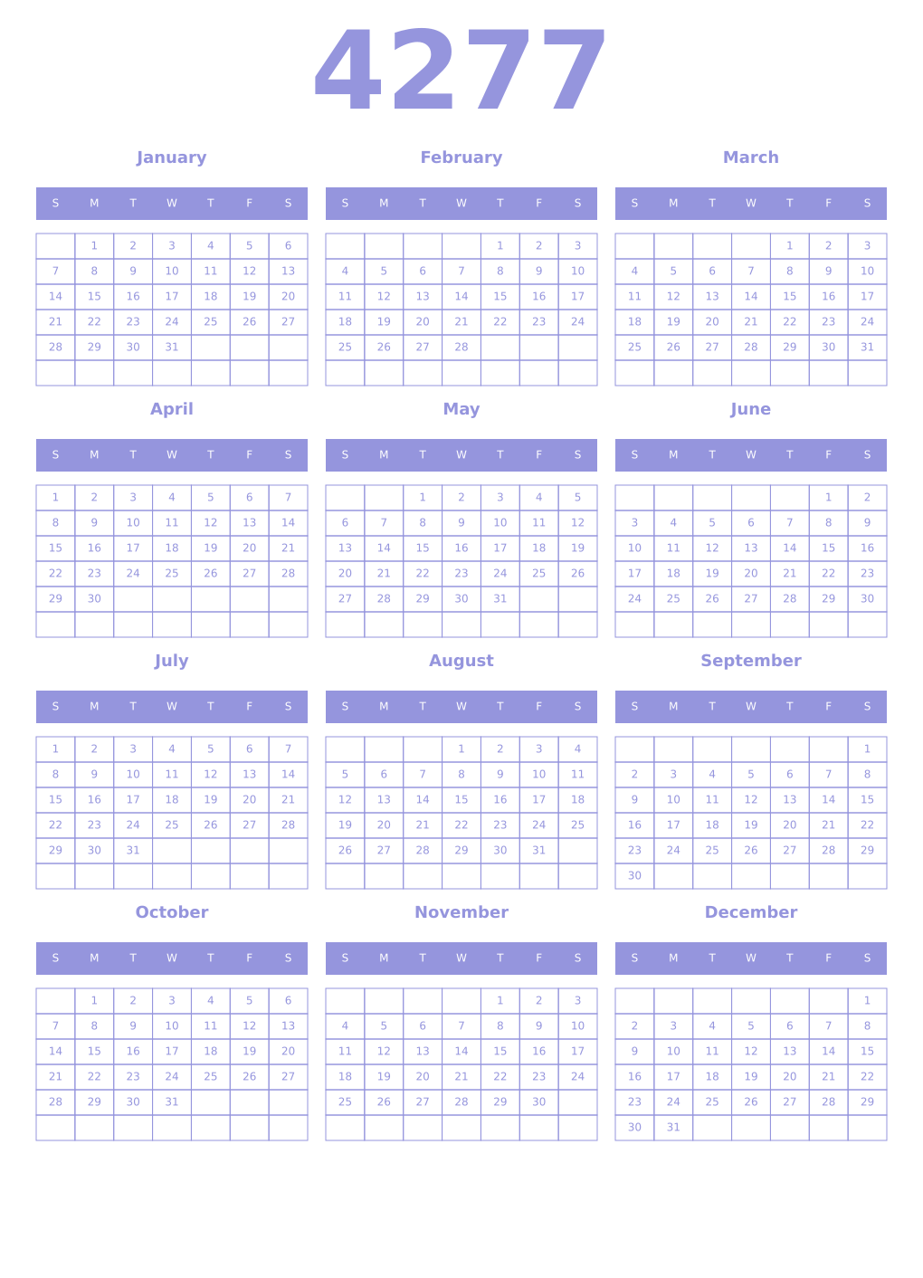 Printable 4277 Year Calendars periwinkle