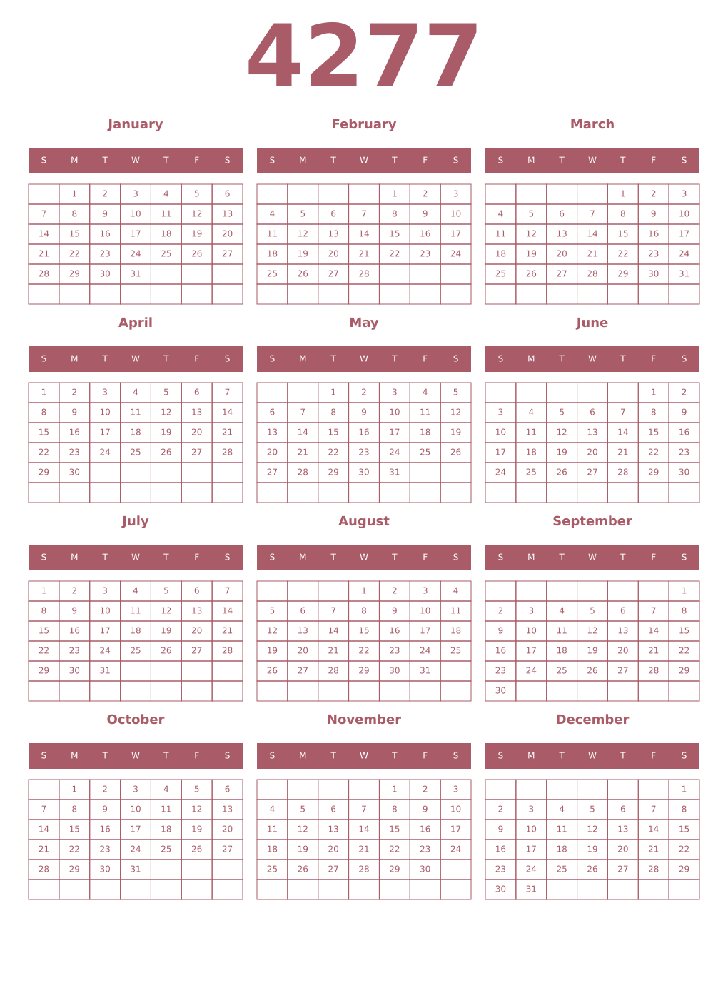 Printable 4277 Year Calendars puce