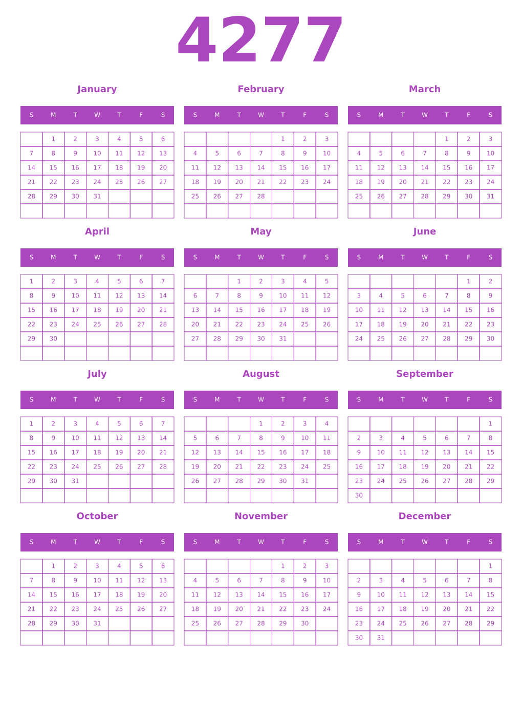 Printable 4277 Year Calendars purple