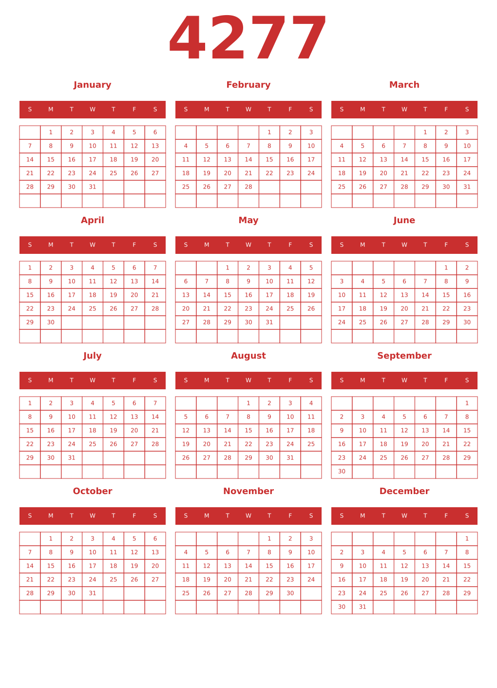 Printable 4277 Year Calendars red