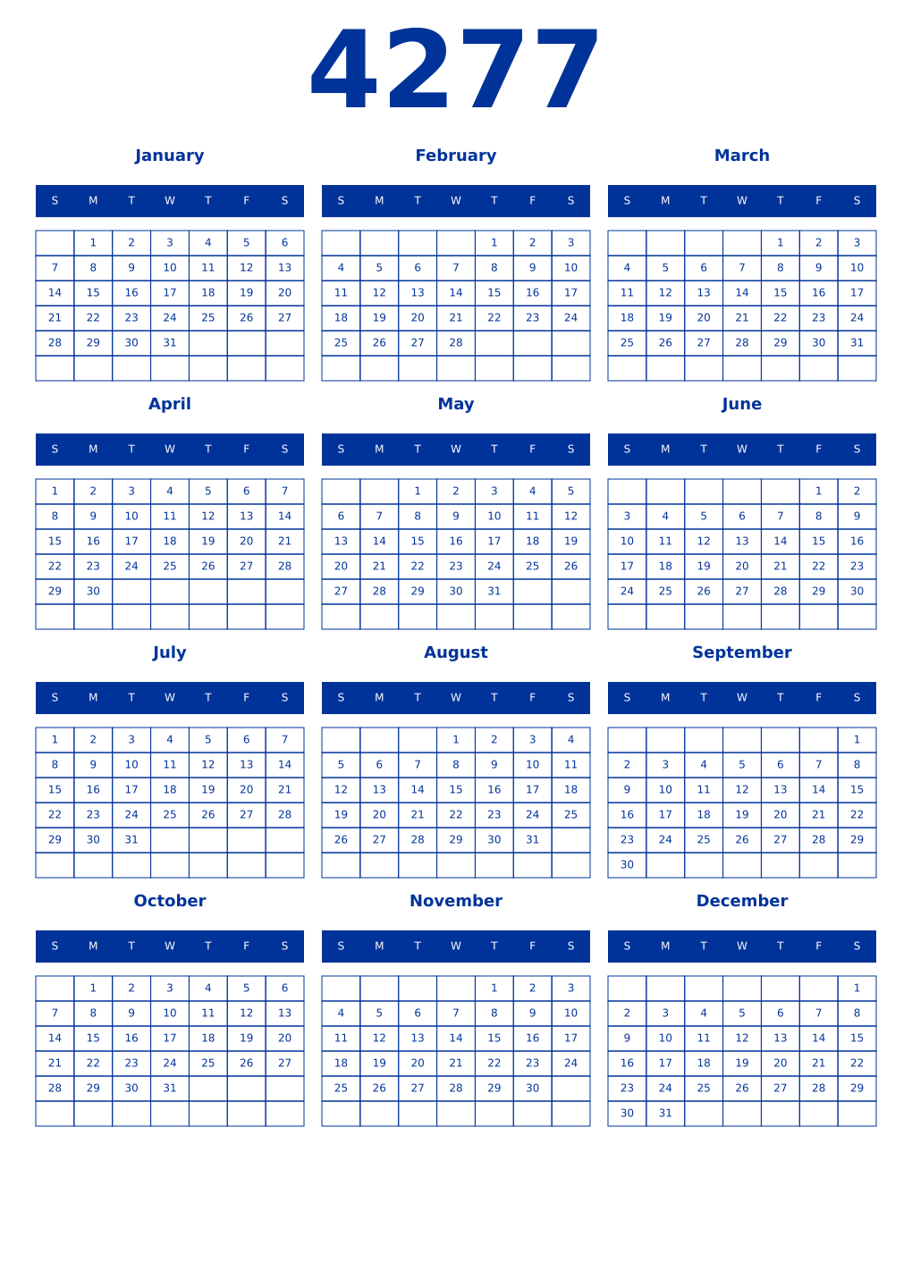 Printable 4277 Year Calendars smalt