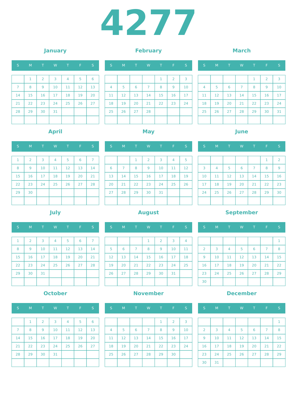 Printable 4277 Year Calendars verdigris