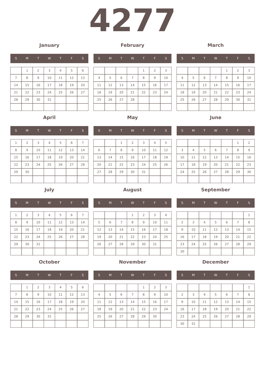 Printable 4277 Year Calendars wenge