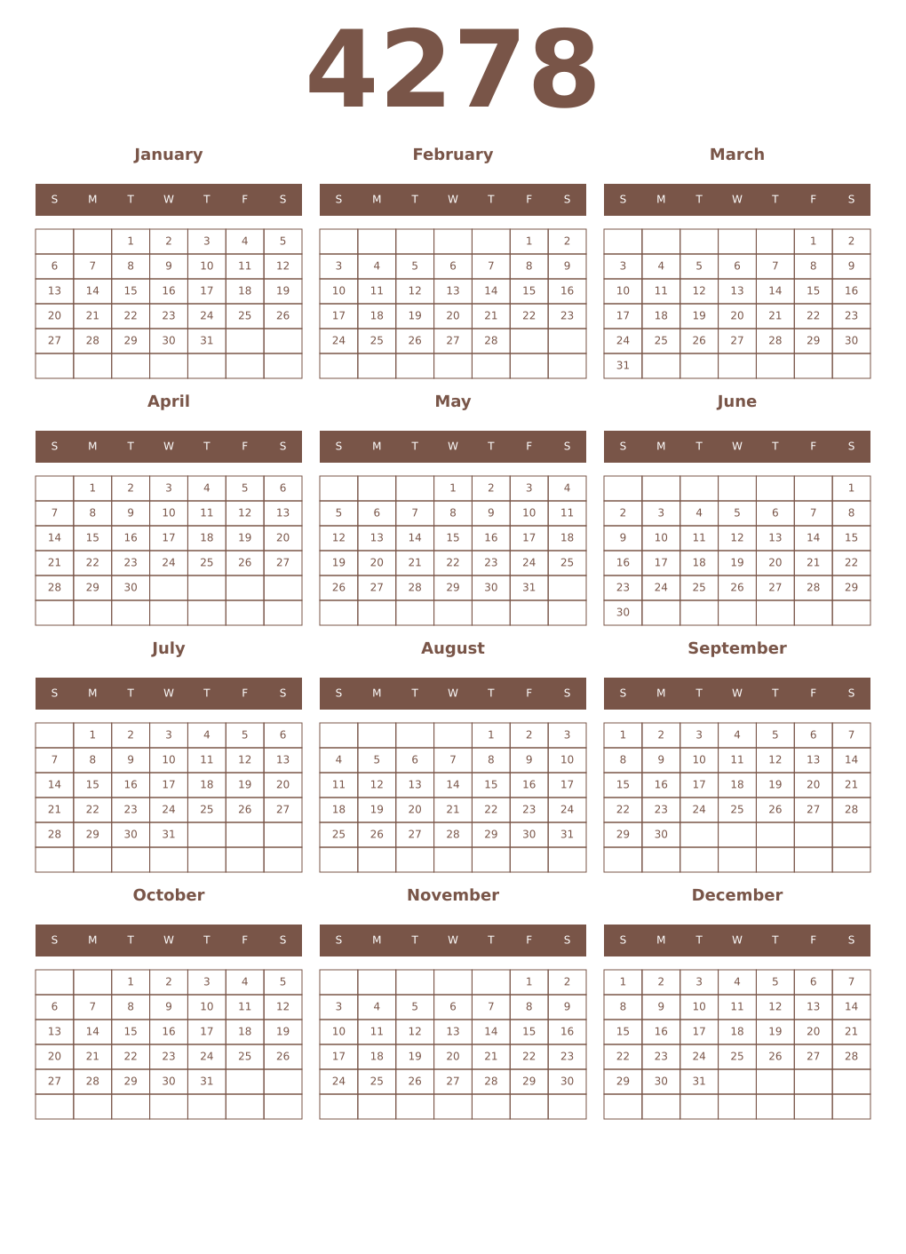 Printable 4278 Year Calendars coffe