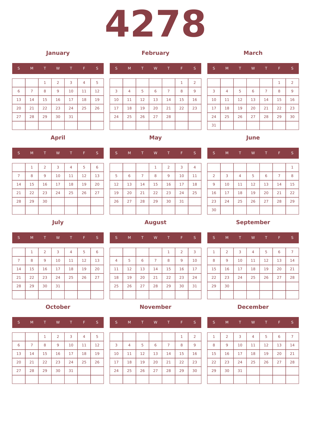 Printable 4278 Year Calendars cordovan