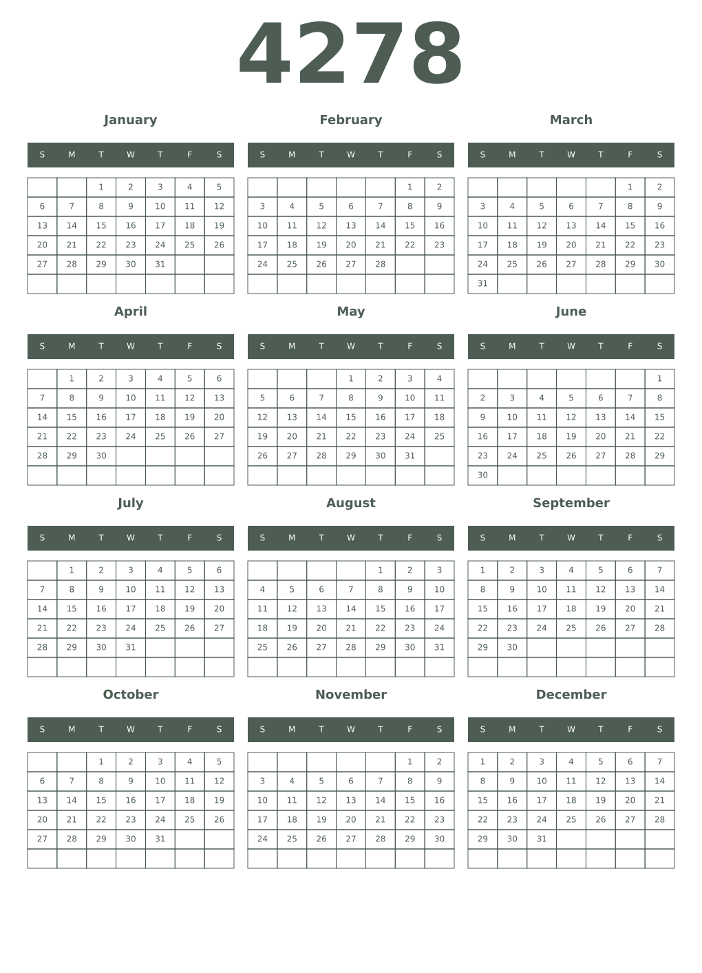 Printable 4278 Year Calendars feldgrau