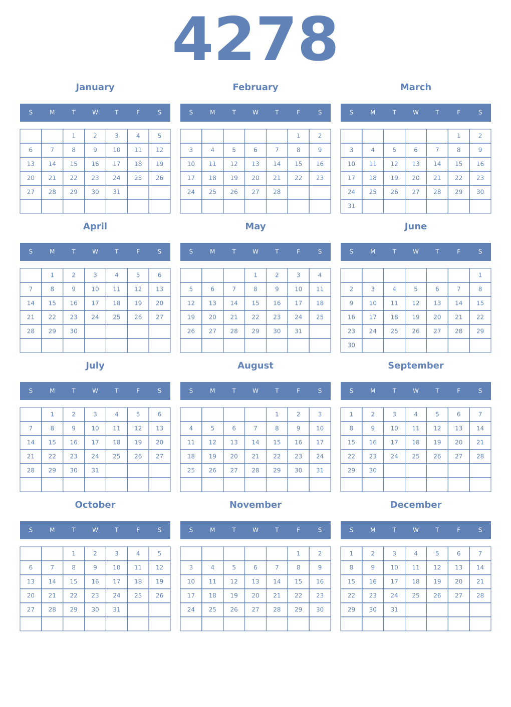 Printable 4278 Year Calendars glaucous