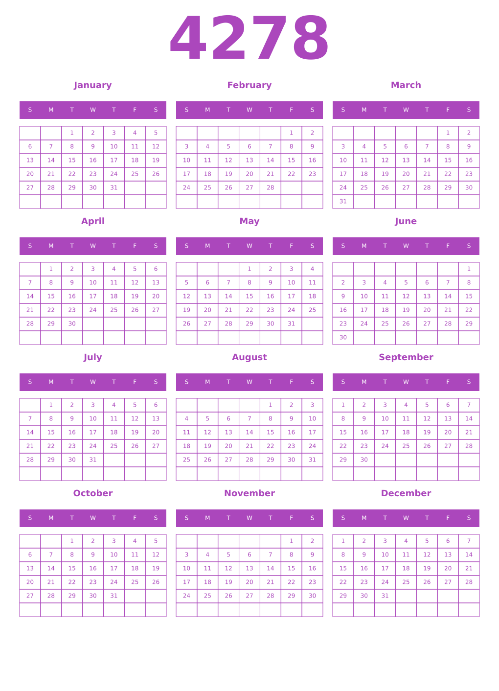 Printable 4278 Year Calendars purple