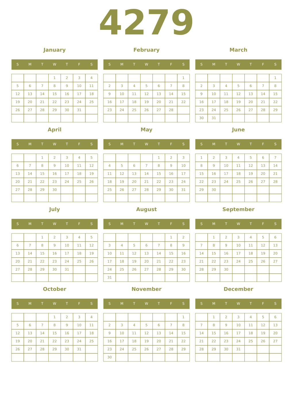 Printable 4279 Year Calendars eburnean