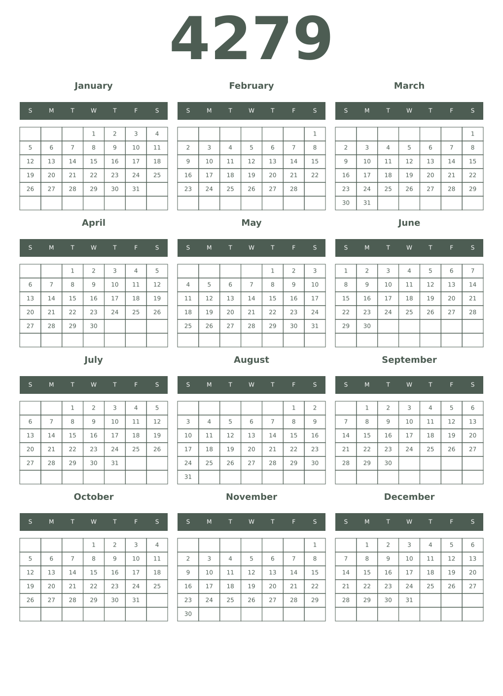 Printable 4279 Year Calendars feldgrau