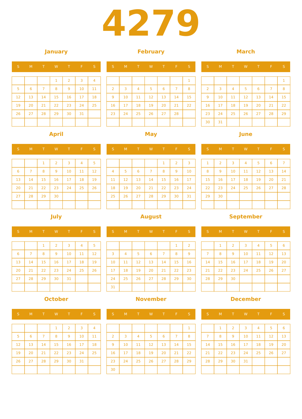 Printable 4279 Year Calendars gamboge