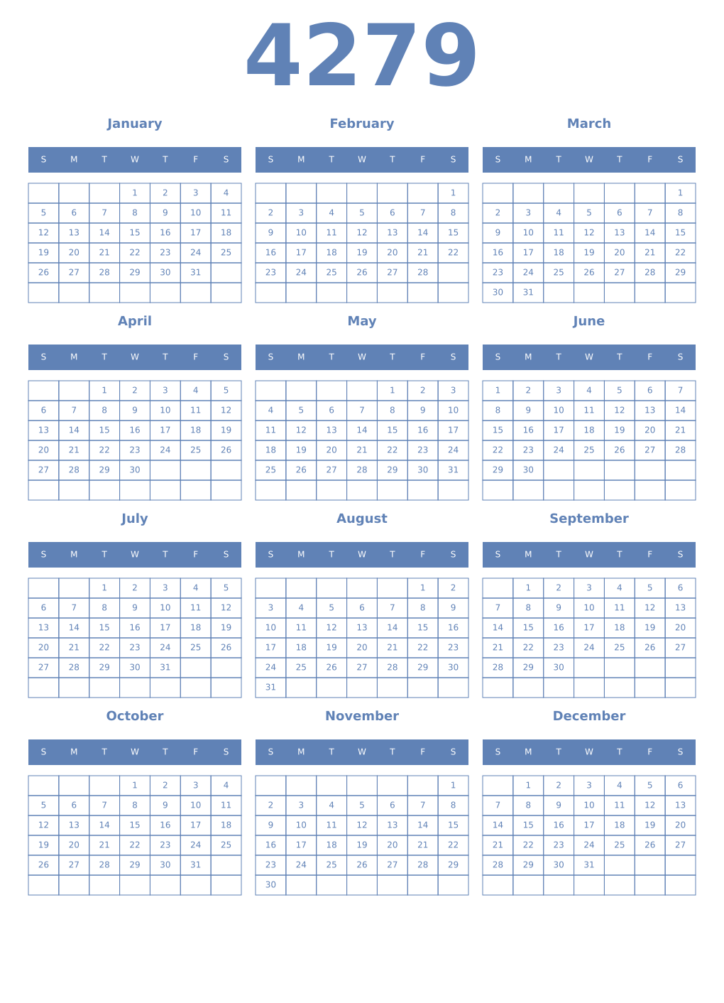 Printable 4279 Year Calendars glaucous