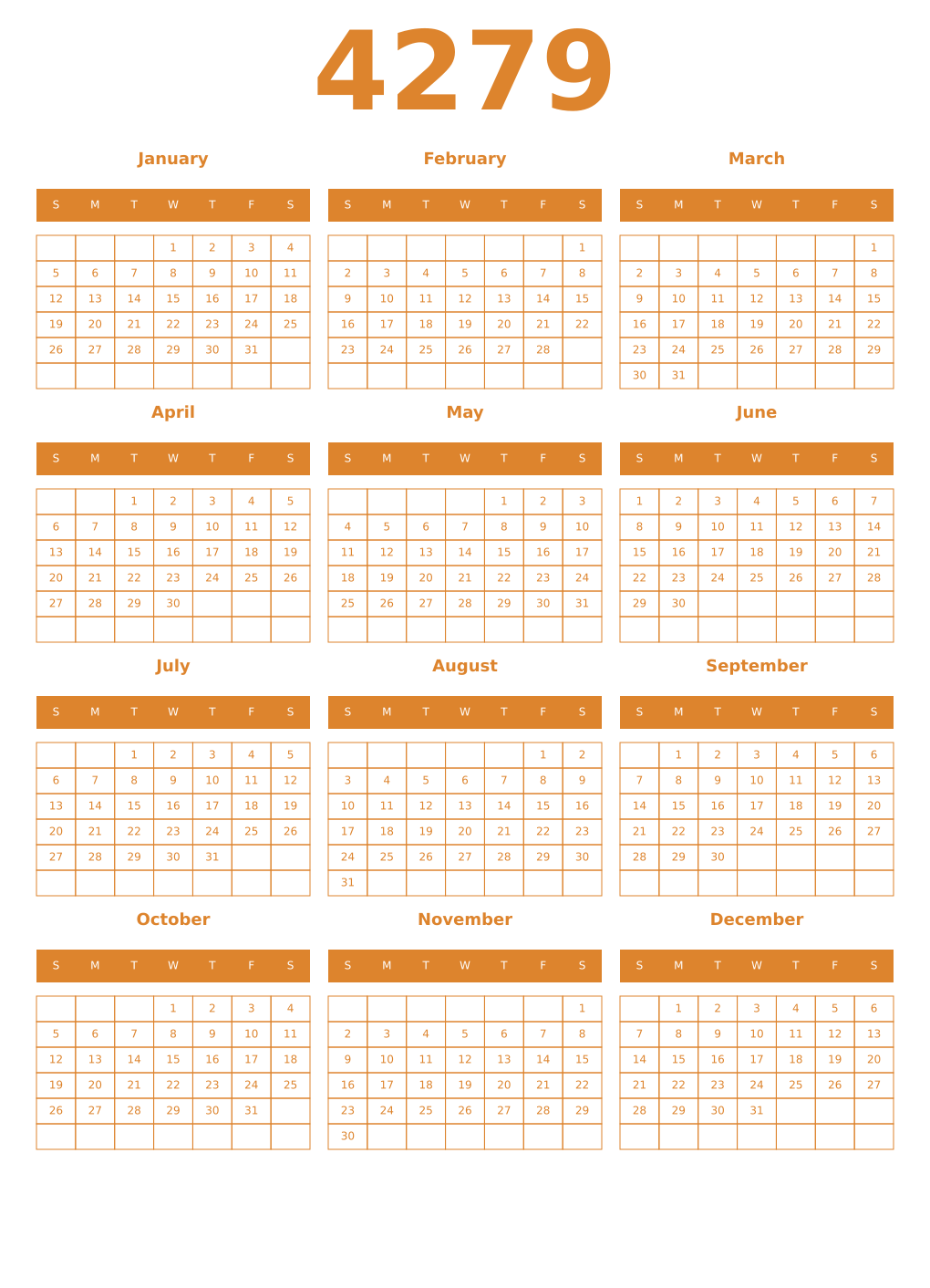 Printable 4279 Year Calendars orange
