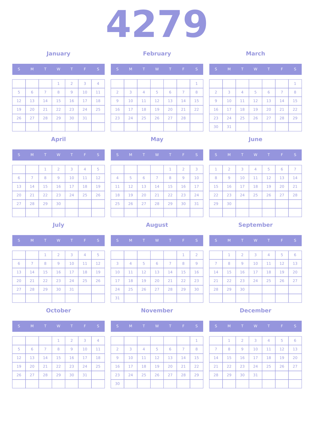 Printable 4279 Year Calendars periwinkle