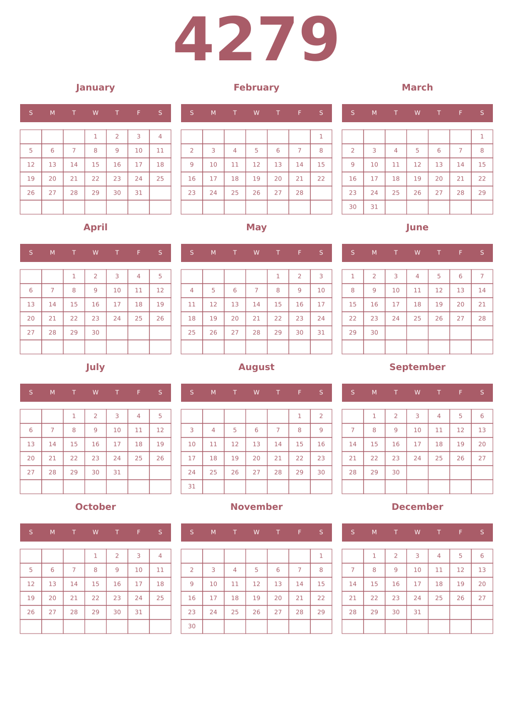 Printable 4279 Year Calendars puce