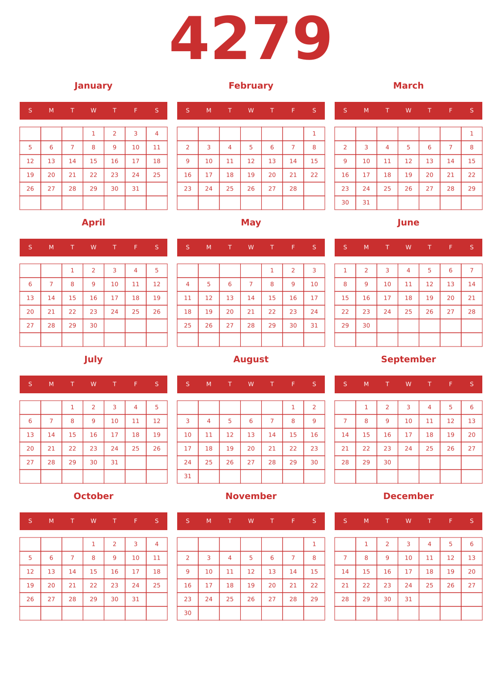 Printable 4279 Year Calendars red