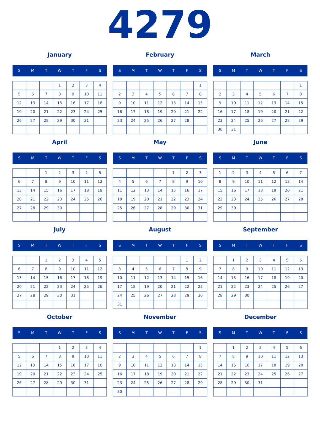 Printable 4279 Year Calendars smalt