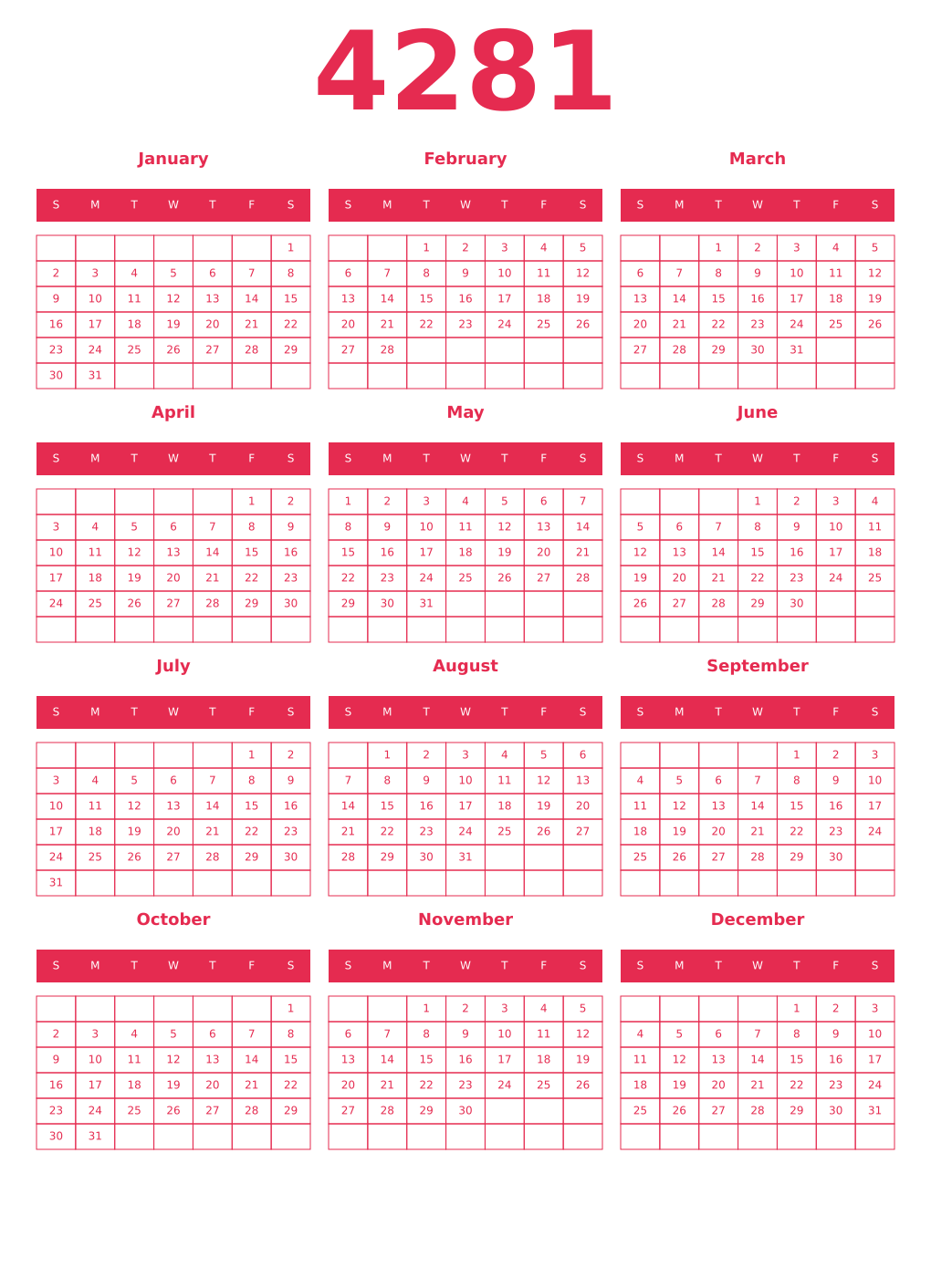 Printable 4281 Year Calendars amaranth