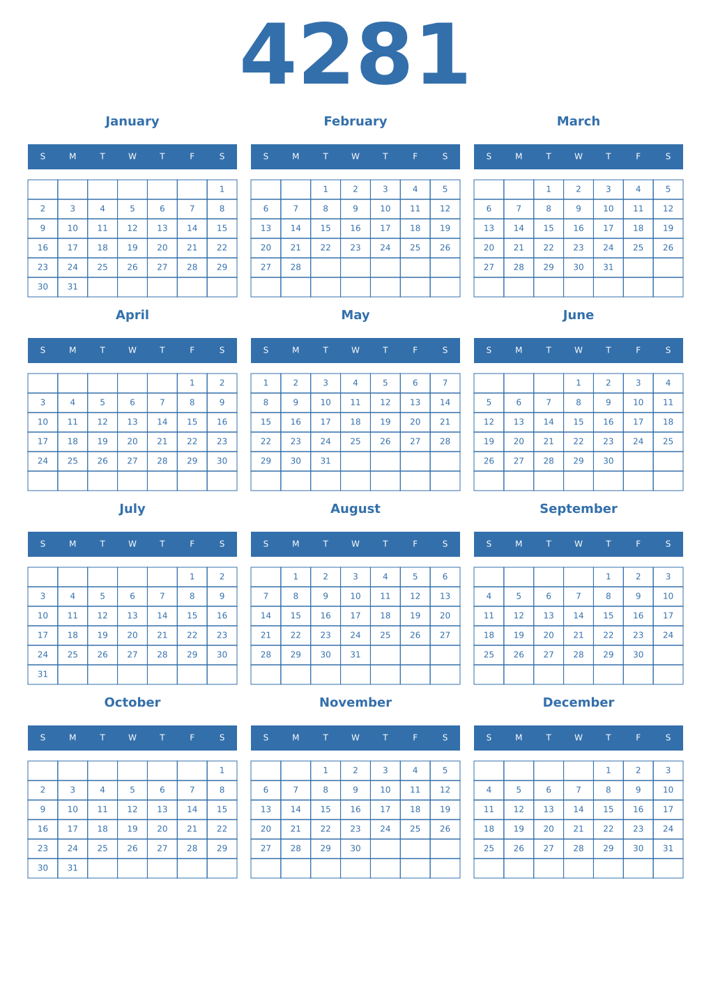 Printable 4281 Year Calendars blue