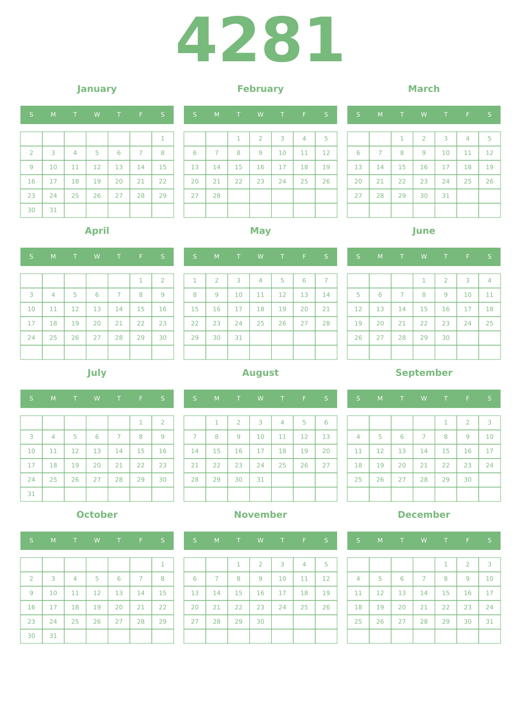 Printable 4281 Year Calendars celadon