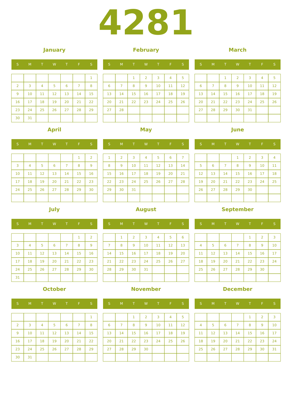 Printable 4281 Year Calendars chartreuse