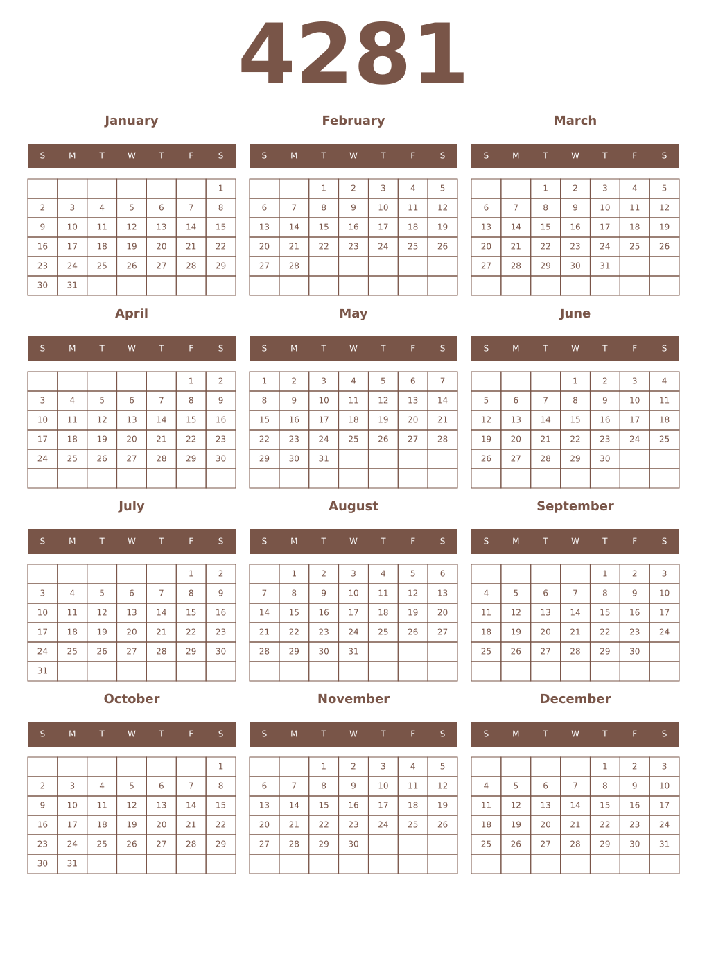 Printable 4281 Year Calendars coffe