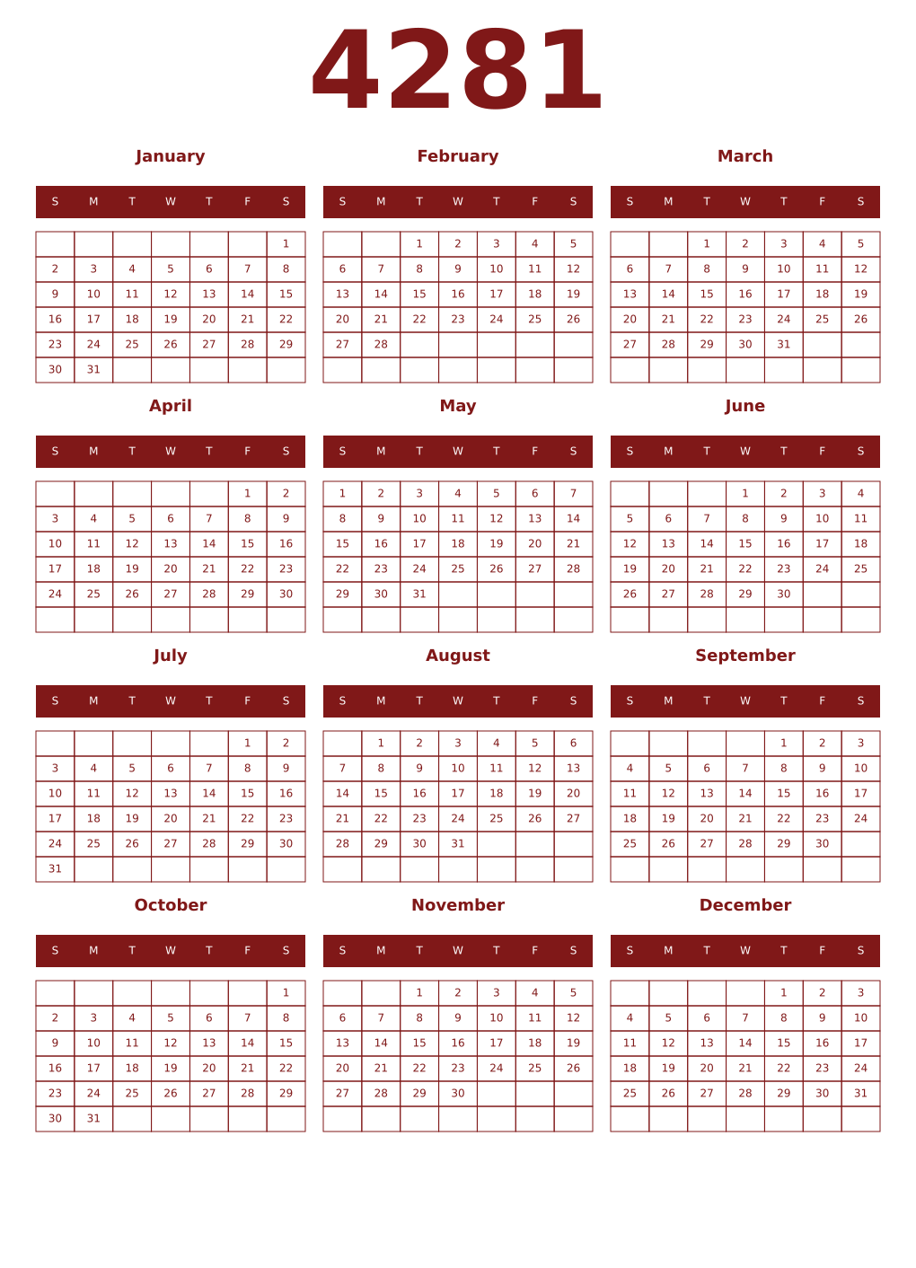 Printable 4281 Year Calendars falu