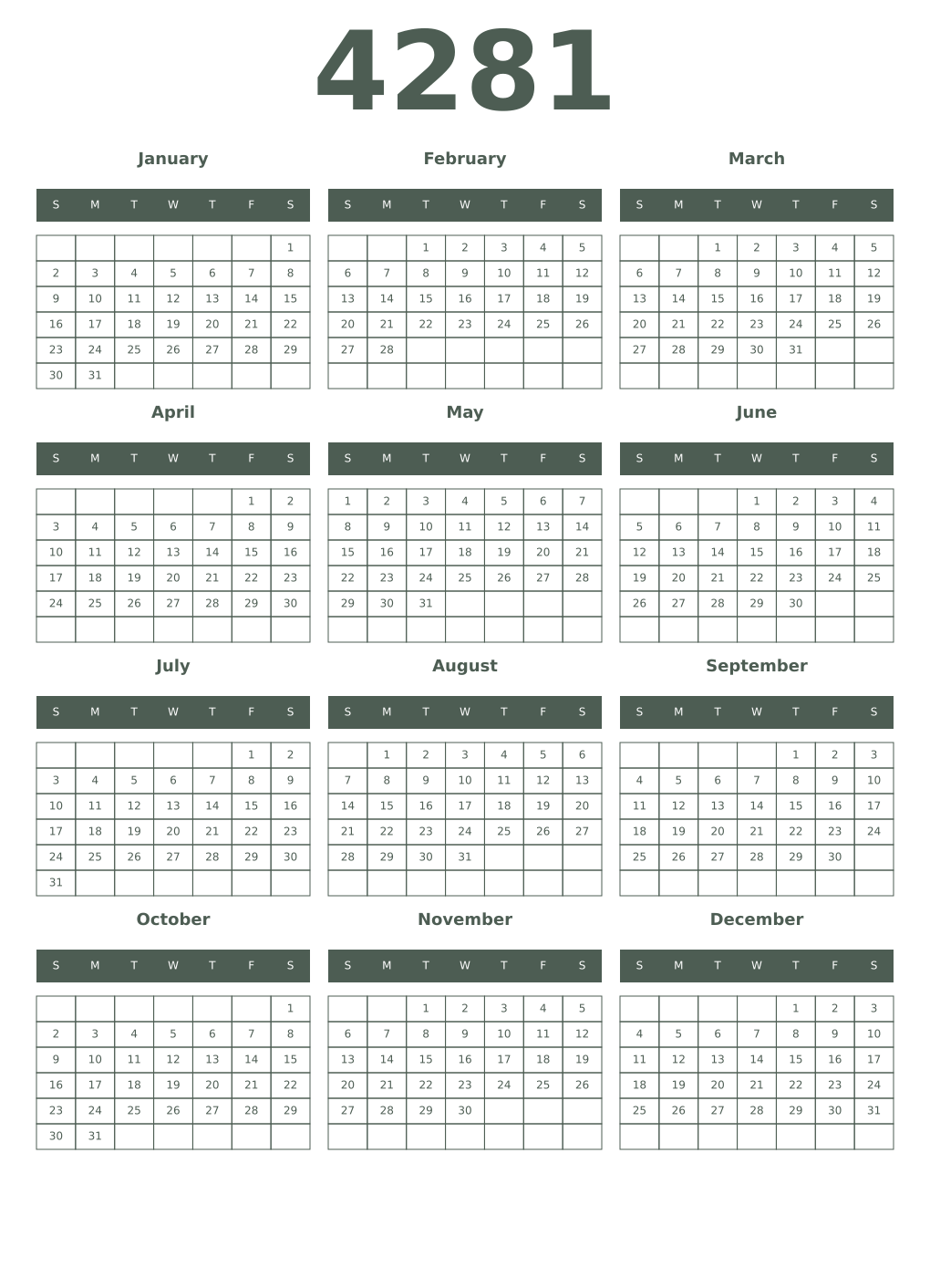 Printable 4281 Year Calendars feldgrau
