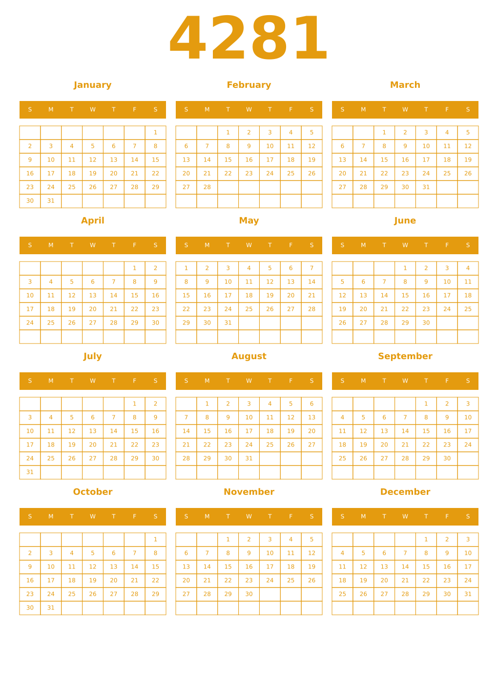 Printable 4281 Year Calendars gamboge