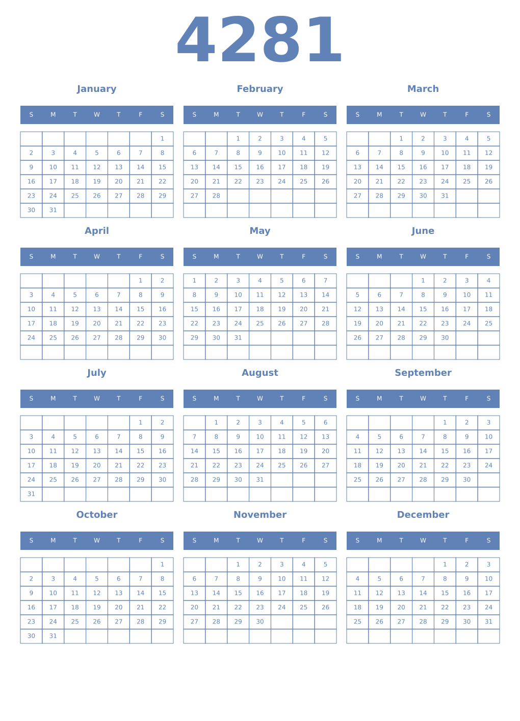 Printable 4281 Year Calendars glaucous