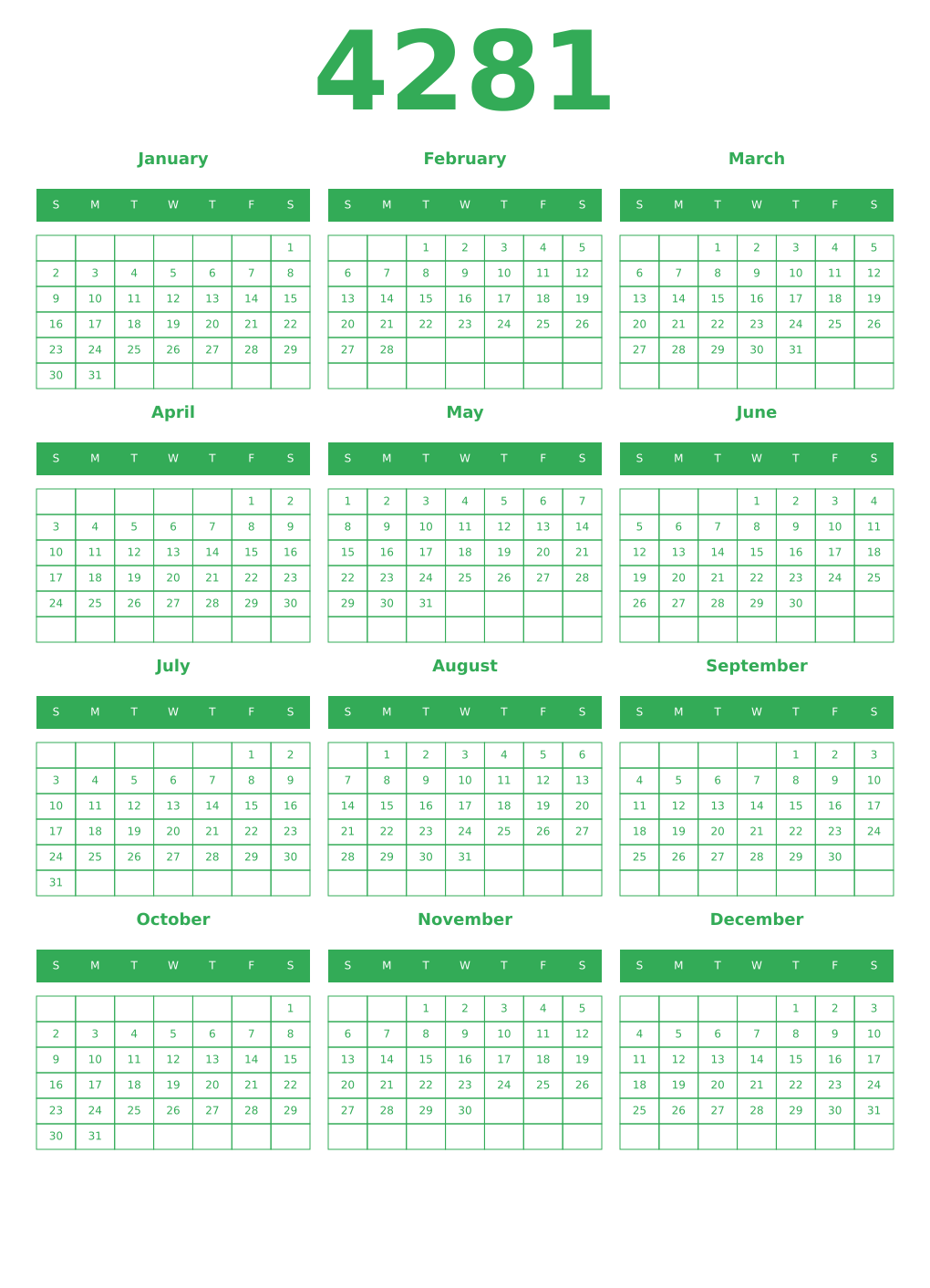 Printable 4281 Year Calendars green