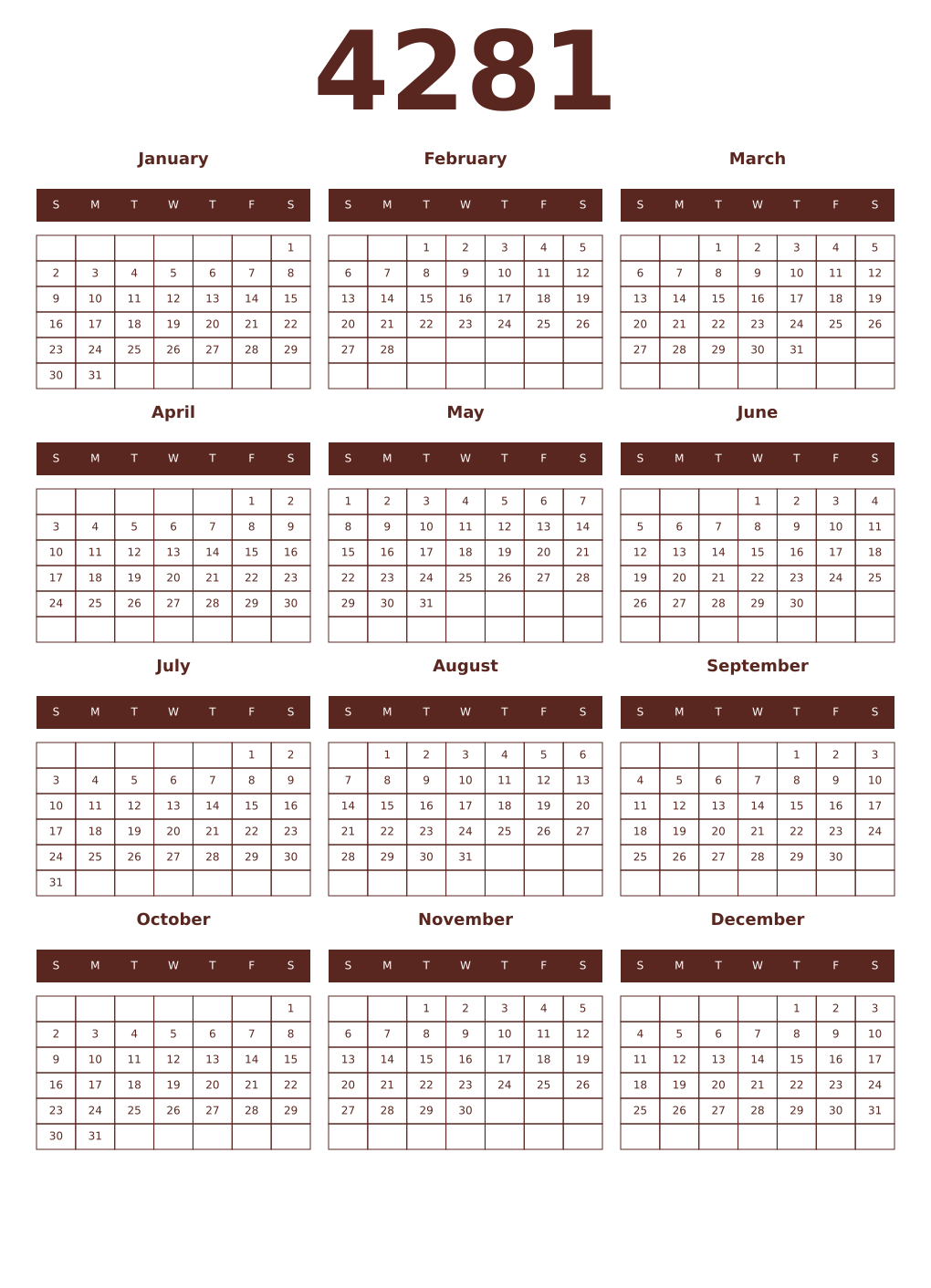Printable 4281 Year Calendars mortuum