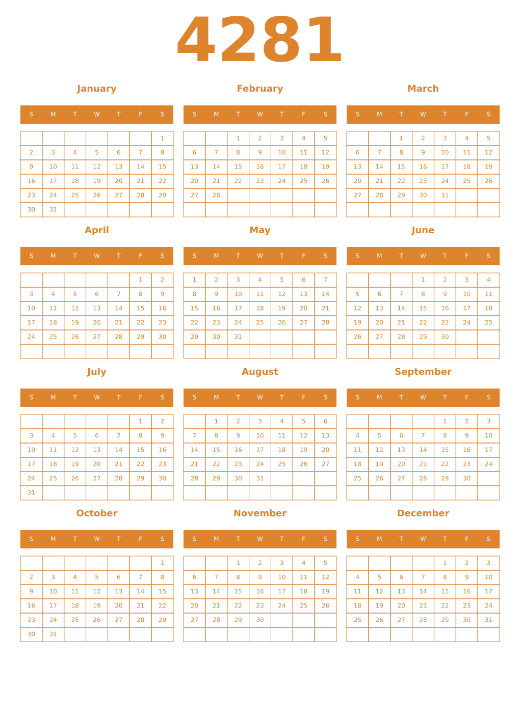 Printable 4281 Year Calendars orange