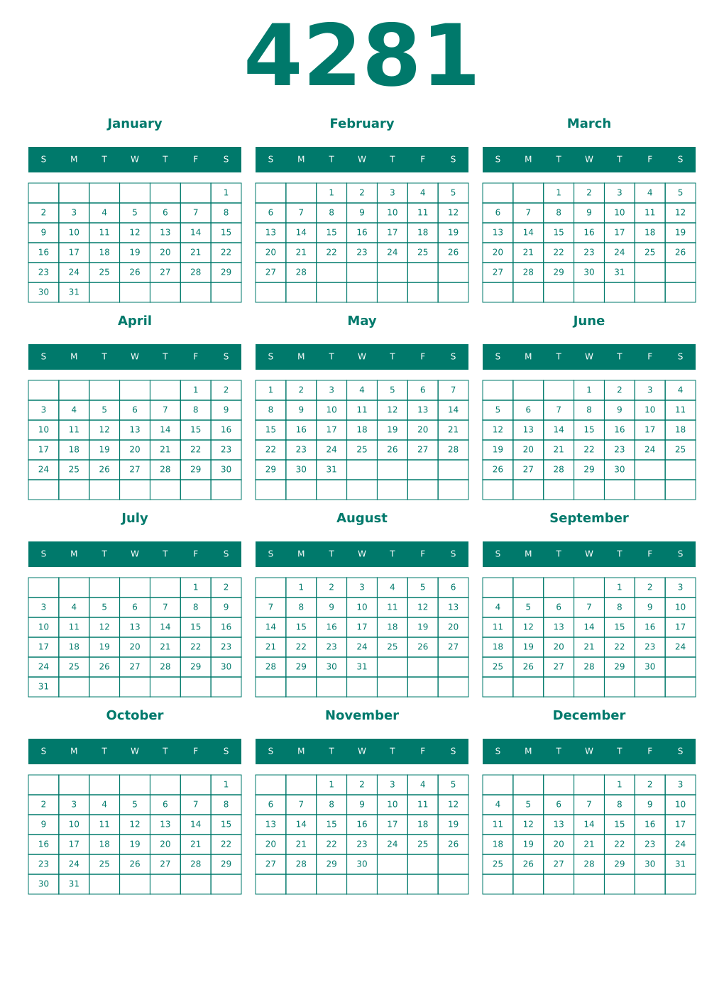Printable 4281 Year Calendars pastel