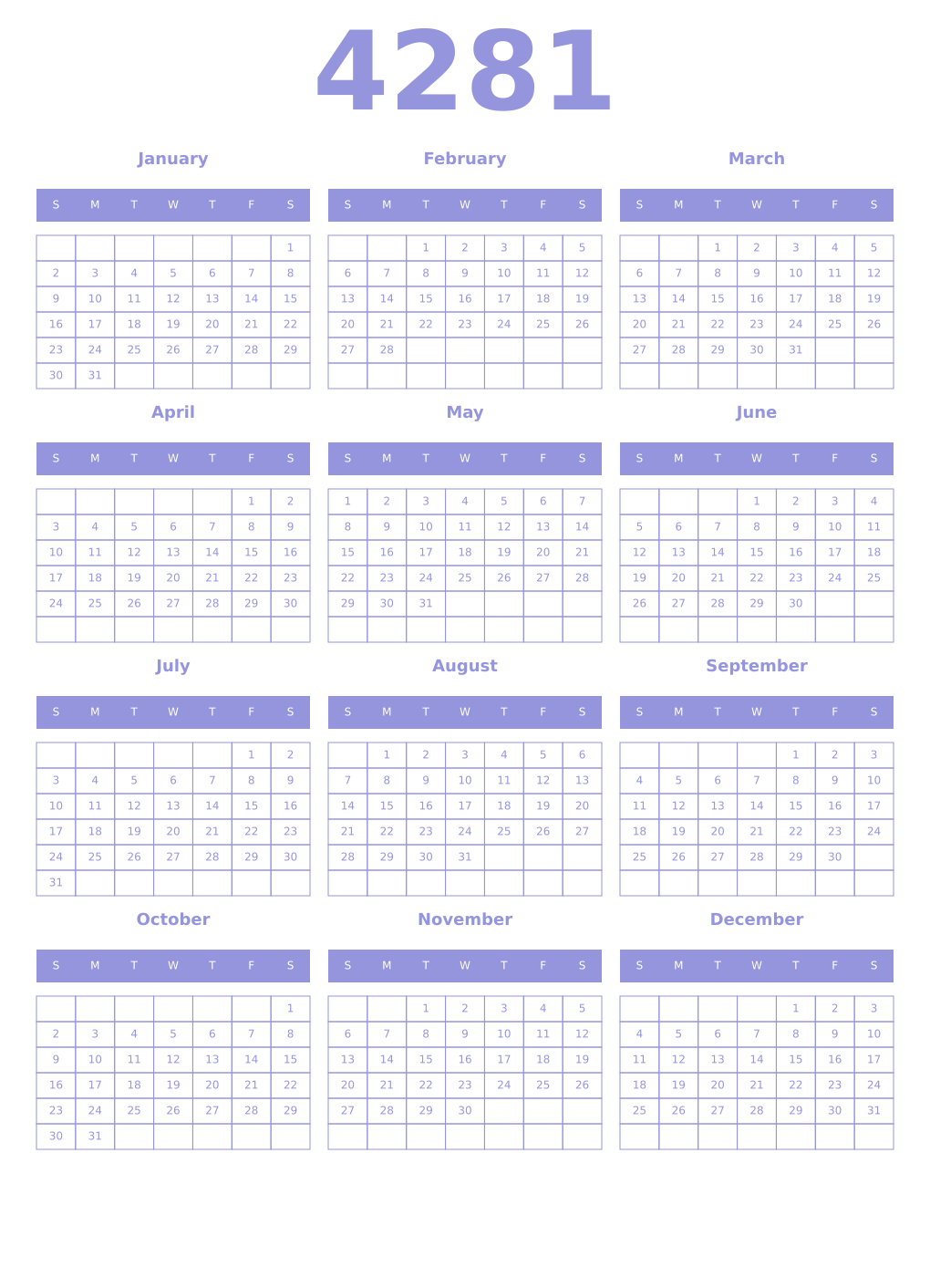Printable 4281 Year Calendars periwinkle