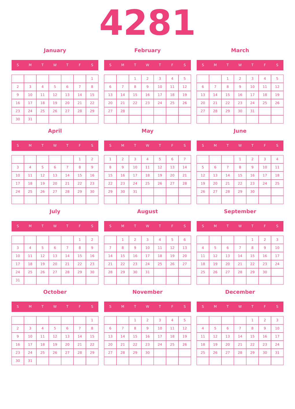 Printable 4281 Year Calendars pink