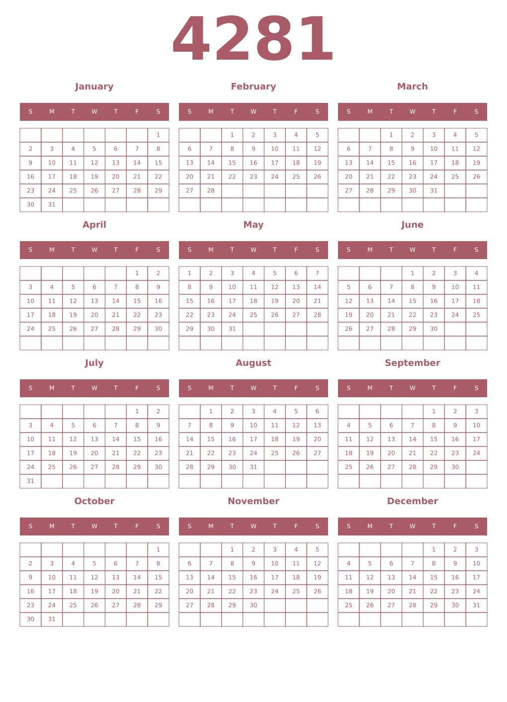 Printable 4281 Year Calendars puce