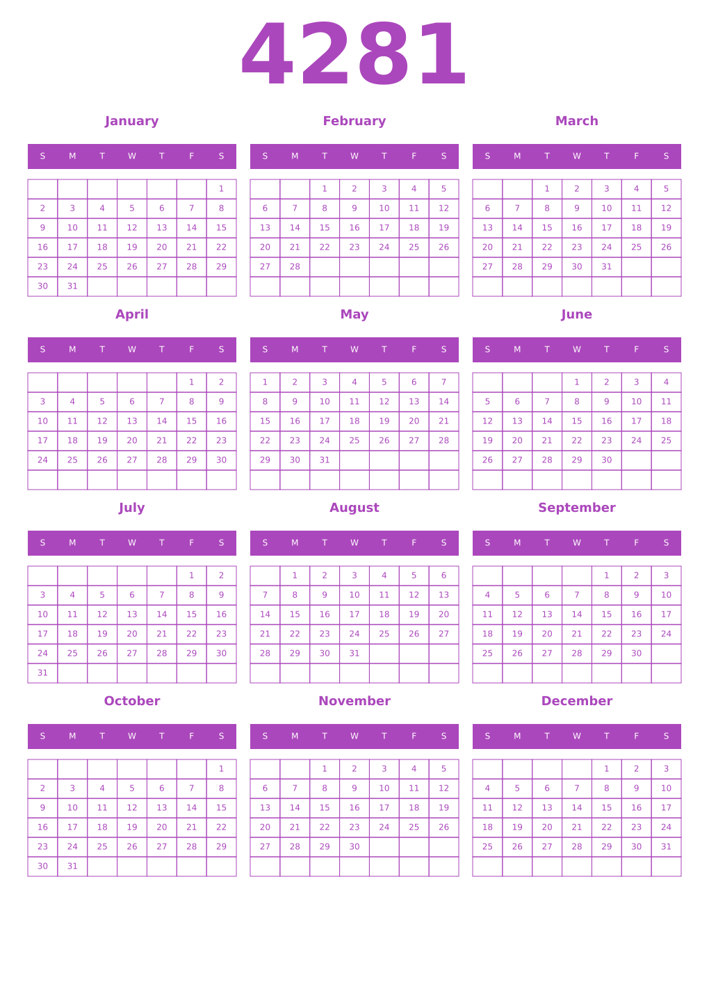 Printable 4281 Year Calendars purple