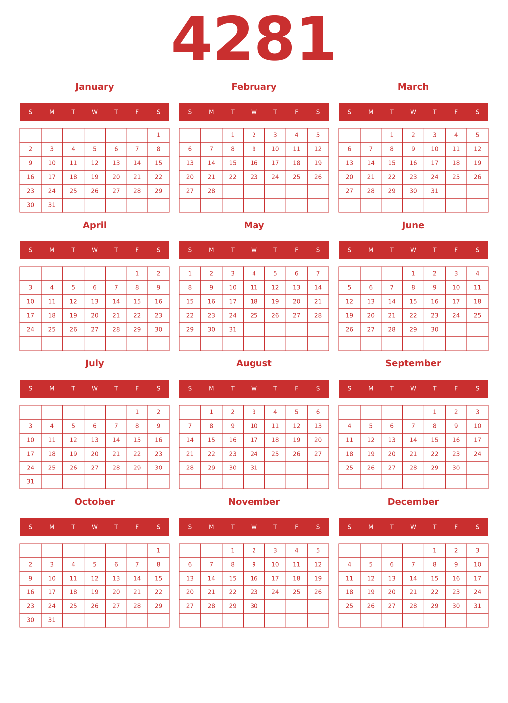 Printable 4281 Year Calendars red