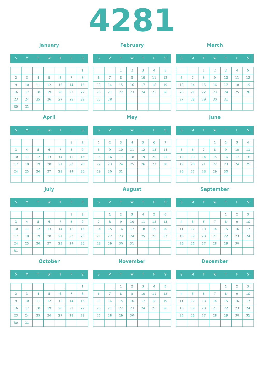 Printable 4281 Year Calendars verdigris