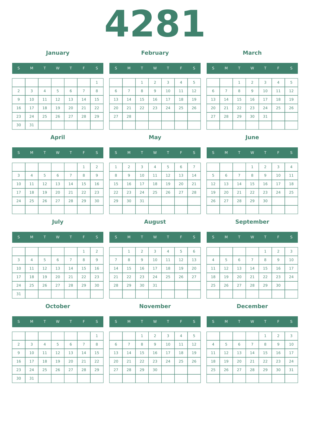 Printable 4281 Year Calendars viridian
