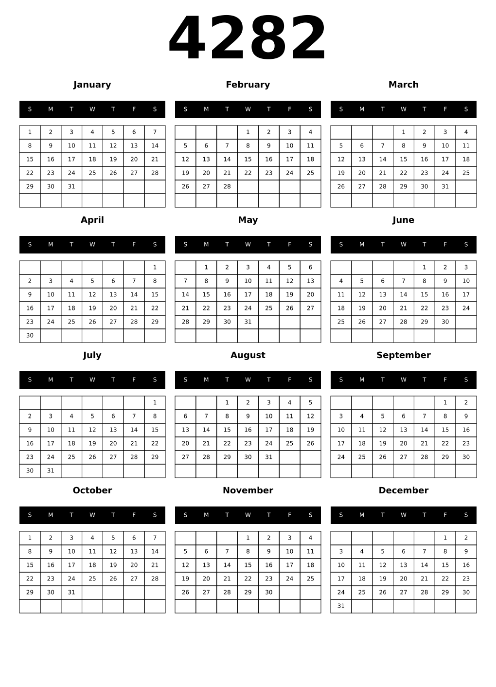 Printable 4282 Year Calendars black