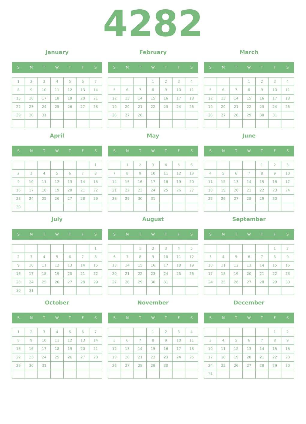 Printable 4282 Year Calendars celadon
