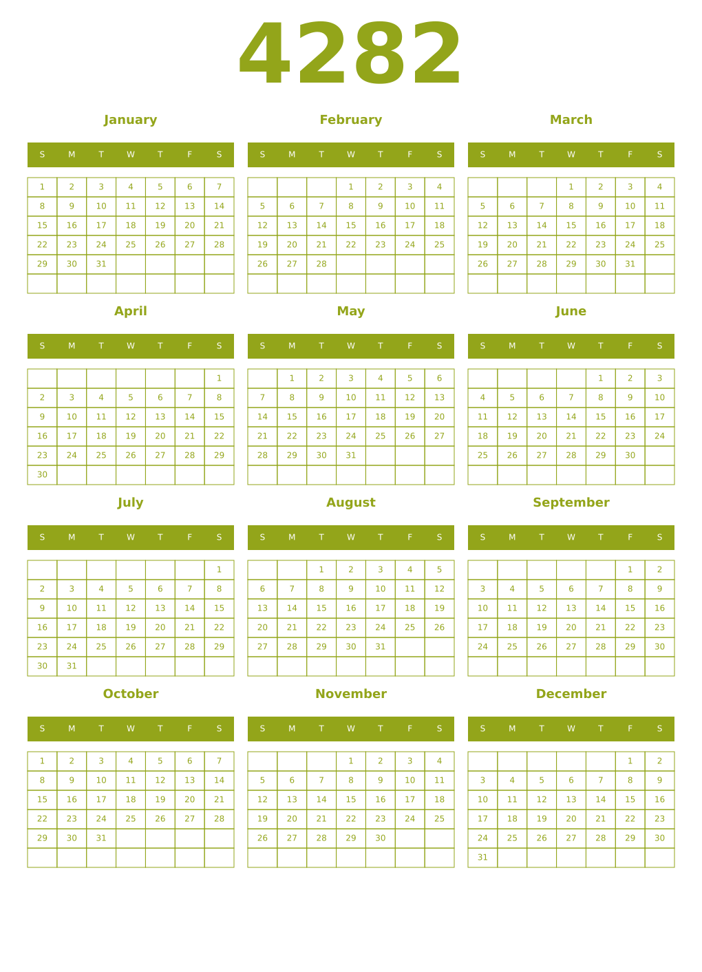 Printable 4282 Year Calendars chartreuse