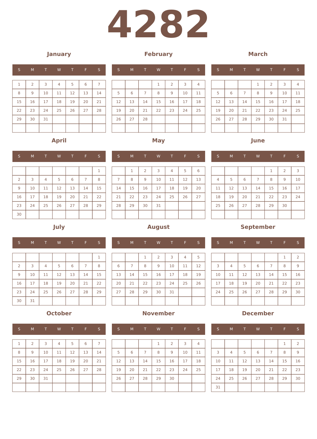 Printable 4282 Year Calendars coffe