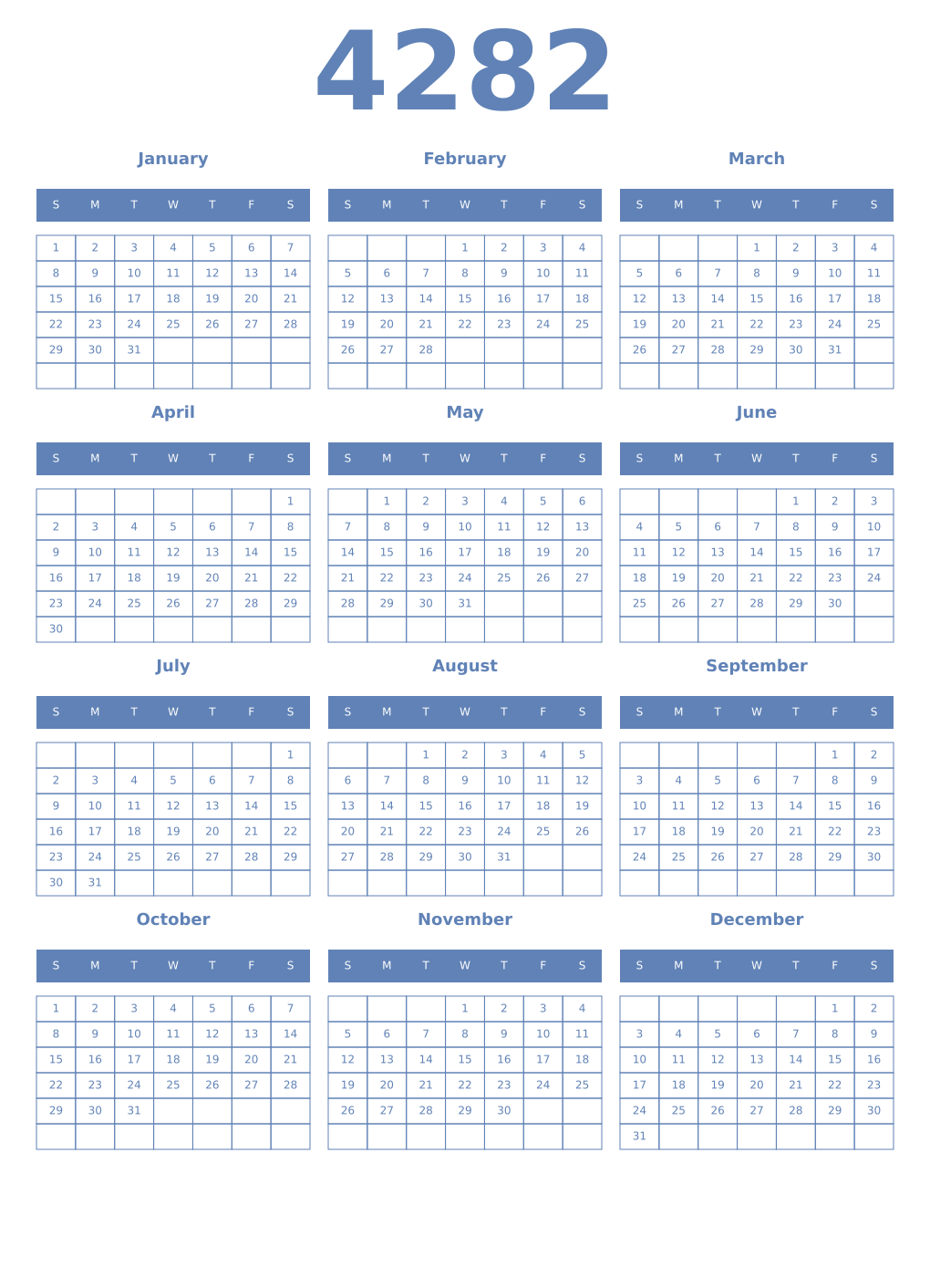 Printable 4282 Year Calendars glaucous
