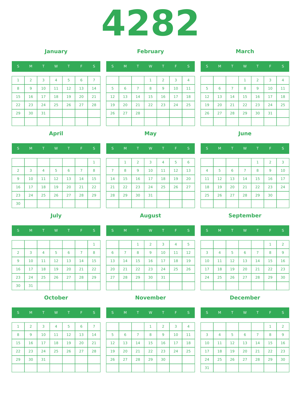Printable 4282 Year Calendars green